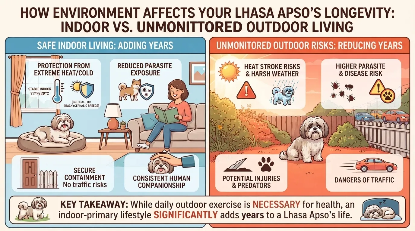 Infographic comparing safe indoor living versus unmonitored outdoor risks for Lhasa Apsos, demonstrating how an indoor-primary lifestyle extends their lifespan.