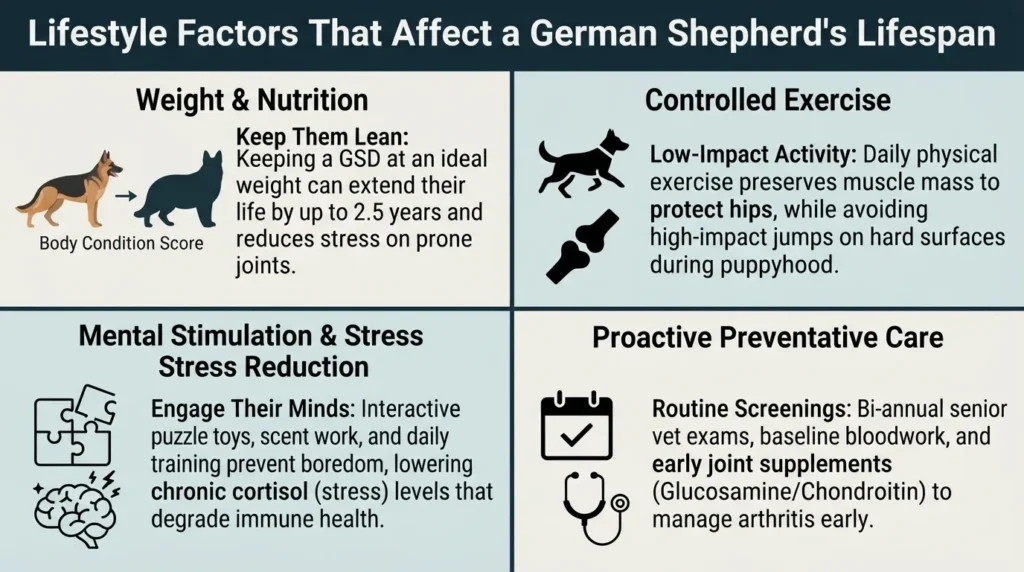 An infographic detailing lifestyle factors that affect a German Shepherd's lifespan, including weight and nutrition, controlled exercise, mental stimulation, and proactive preventative care.