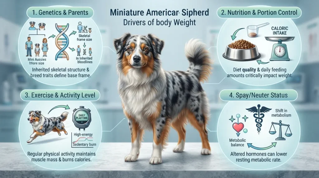 Infographic showing key factors that affect a Mini Australian Shepherd's weight, including diet, exercise, genetics, and spay or neuter status.