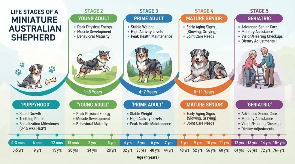 An informative infographic from dogagescalculator showcasing the five life stages of a Miniature Australian Shepherd: Puppyhood, Young Adult, Prime Adult, Mature Senior, and Geriatric, with age comparisons in human years.