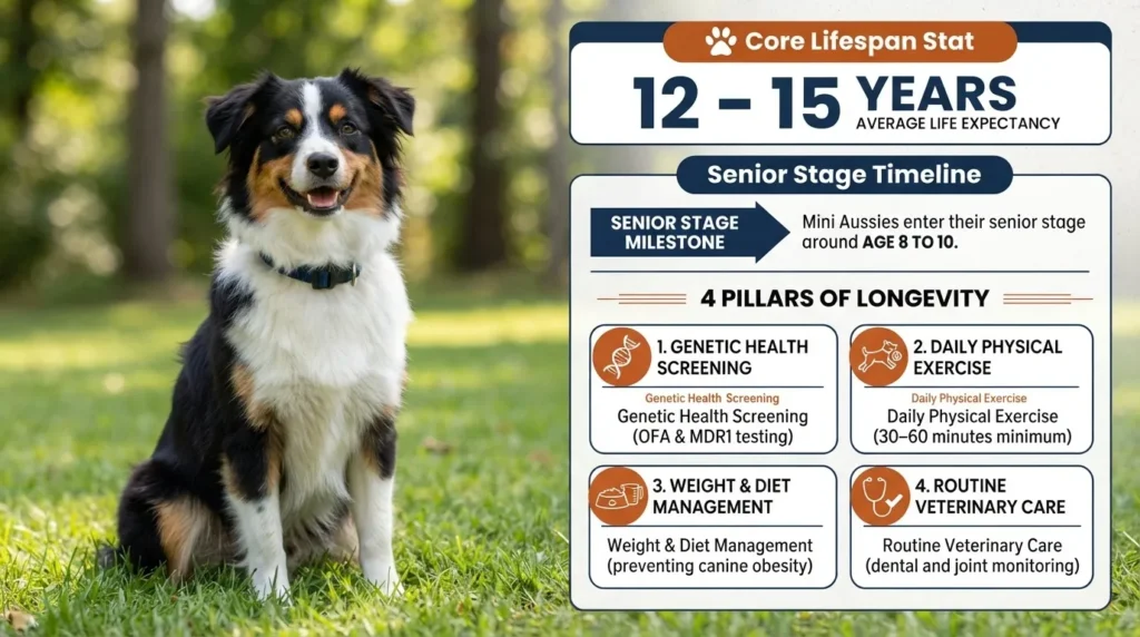 An infographic detailing the lifespan and longevity of Miniature Australian Shepherds, showcasing a Mini Aussie sitting on green grass next to statistics highlighting a 12-15 year life expectancy, senior stage timeline starting around age 8-10, and 4 pillars of longevity: genetic health screening, daily physical exercise, weight & diet management, and routine veterinary care.