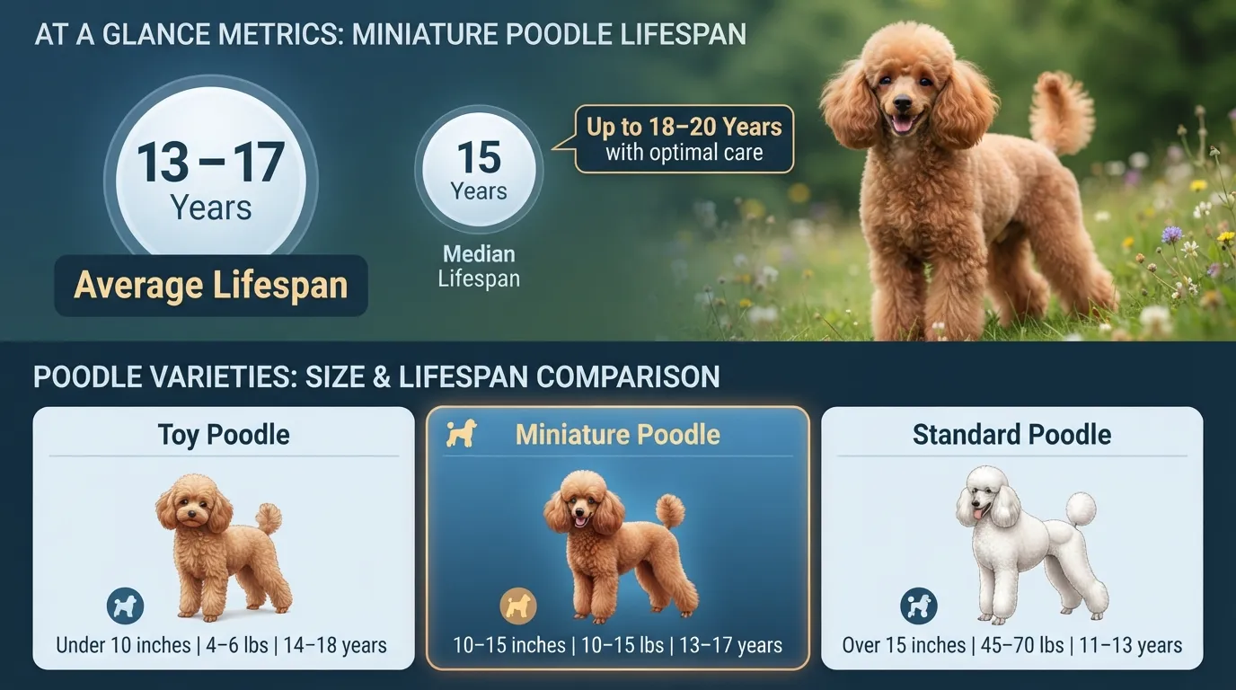Miniature Poodle lifespan infographic showing the 13 to 17 year average lifespan, 15-year median age, and a side-by-side comparison table of Toy, Miniature, and Standard Poodle sizes, weights, and life expectancies.