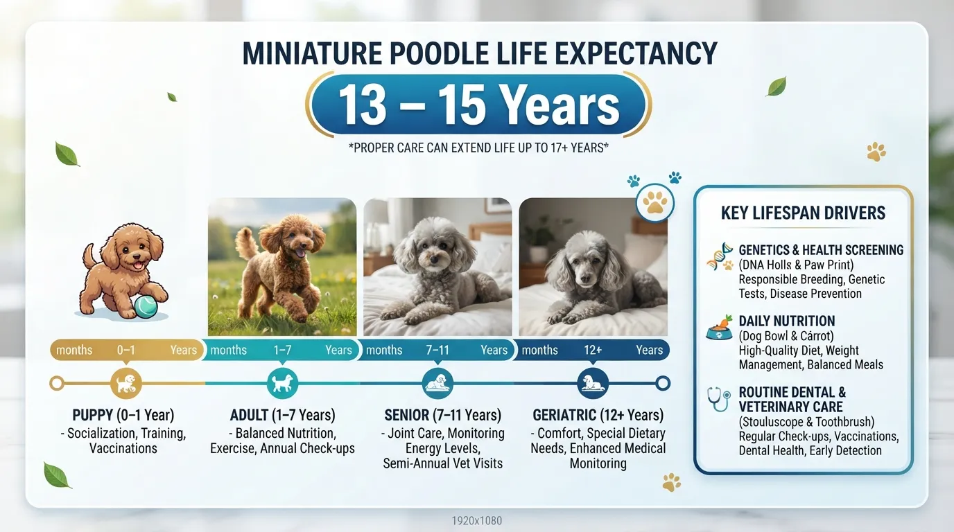 A high-resolution infographic illustrating the average lifespan of a Miniature Poodle alongside key life stages from puppyhood to senior years.