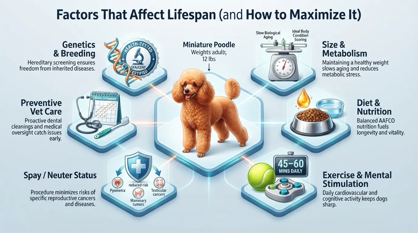 Infographic breakdown showing six key factors affecting Miniature Poodle lifespan: genetics, size, diet, exercise, spaying or neutering, and preventive veterinary care.