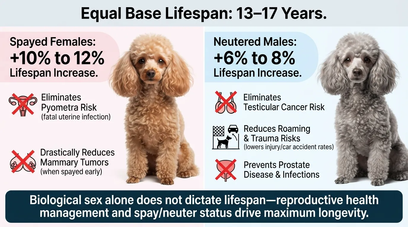 Side-by-side comparative health infographic showing an intact and neutered male Miniature Poodle alongside an intact and spayed female Miniature Poodle with their respective lifespan percentages and health benefits.