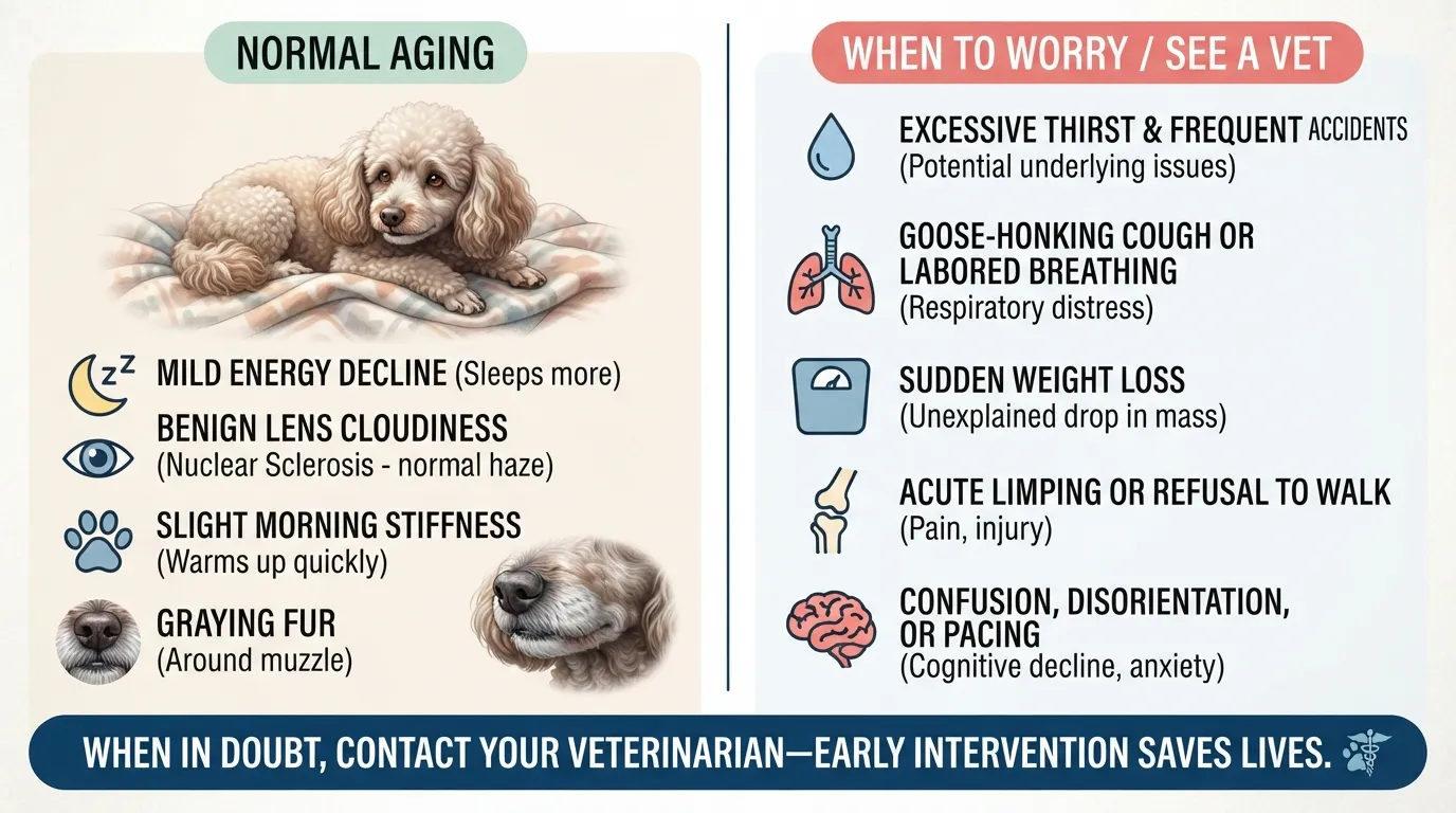 Side-by-side comparative health chart showing normal signs of aging in senior Miniature Poodles on the left versus critical red-flag symptoms requiring a vet visit on the right.