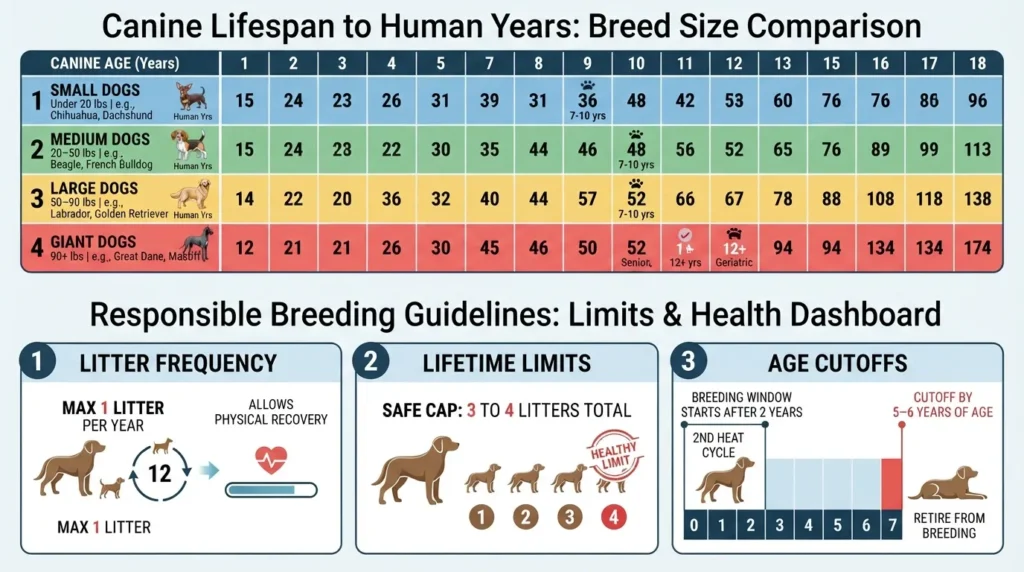 Infographic chart comparing Miniature Schnauzer age in dog years to human years, highlighting sexual maturity at 6 to 12 months versus recommended breeding age at 2 years.