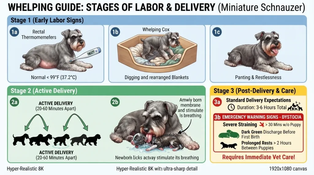 Infographic illustrating the stages of labor in a Miniature Schnauzer, showing temperature drop, nesting behavior, delivery of puppies, and post-whelping care.