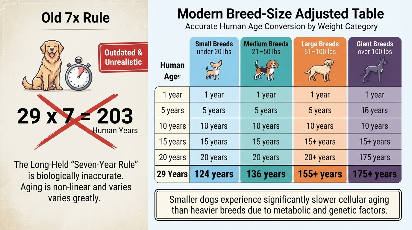 An educational infographic comparing the outdated seven-year dog age rule with a modern breed-size adjusted conversion table, detailing human age equivalents for small, medium, large, and giant breeds at various milestones.