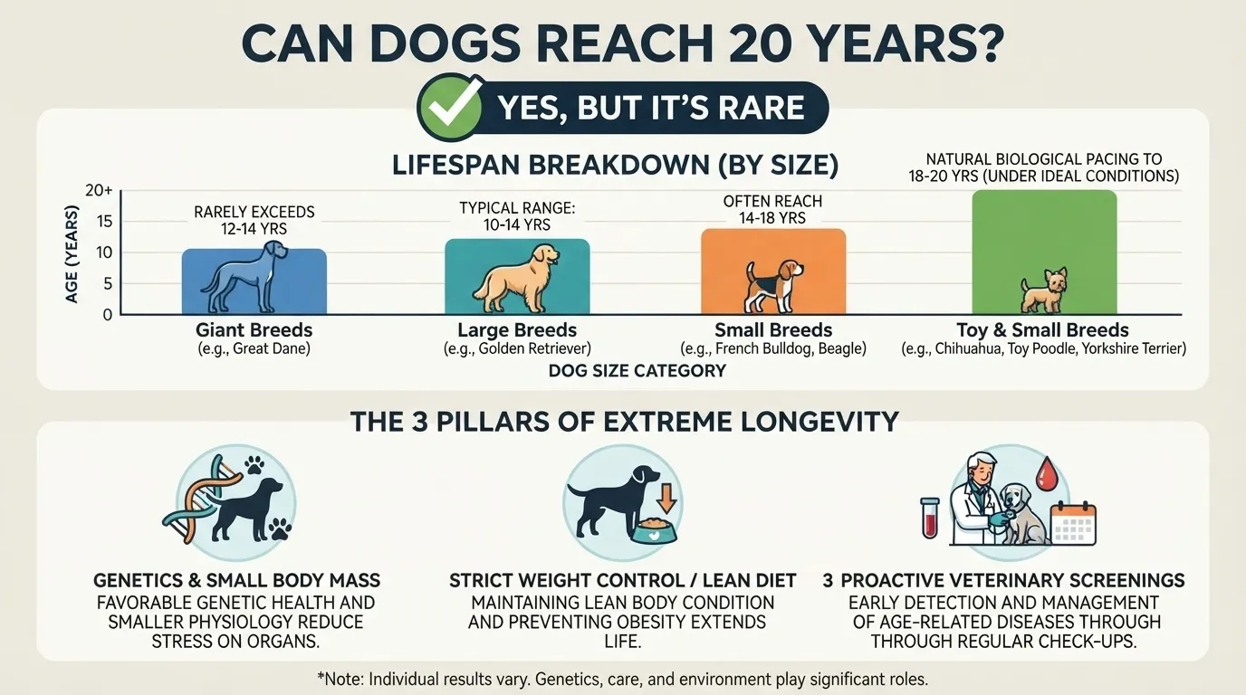 An infographic titled 'Can Dogs Reach 20 Years?' detailing lifespan by breed size (Giant, Large, Small, Toy & Small) and outlining the 3 pillars of extreme longevity: genetics, strict weight control, and proactive veterinary screenings.