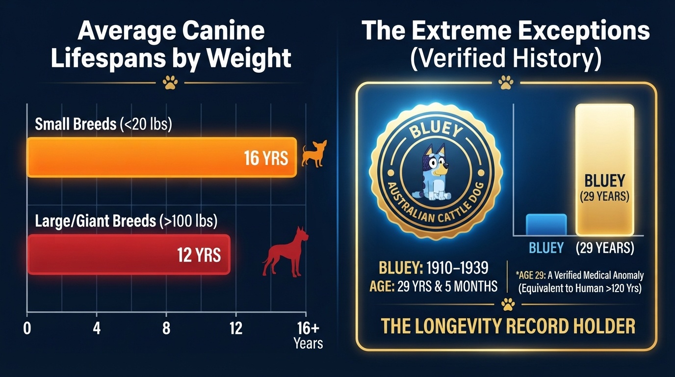 An infographic by dogagescalculator detailing average canine lifespans by weight: small breeds average 16 years, large/giant breeds average 12 years, and Bluey the Australian Cattle Dog holds the extreme record at 29 years.