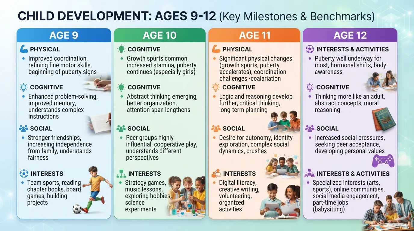 A comparison chart showing developmental milestones, interests, and activity recommendations for children aged 9, 10, 11, and 12 years old.