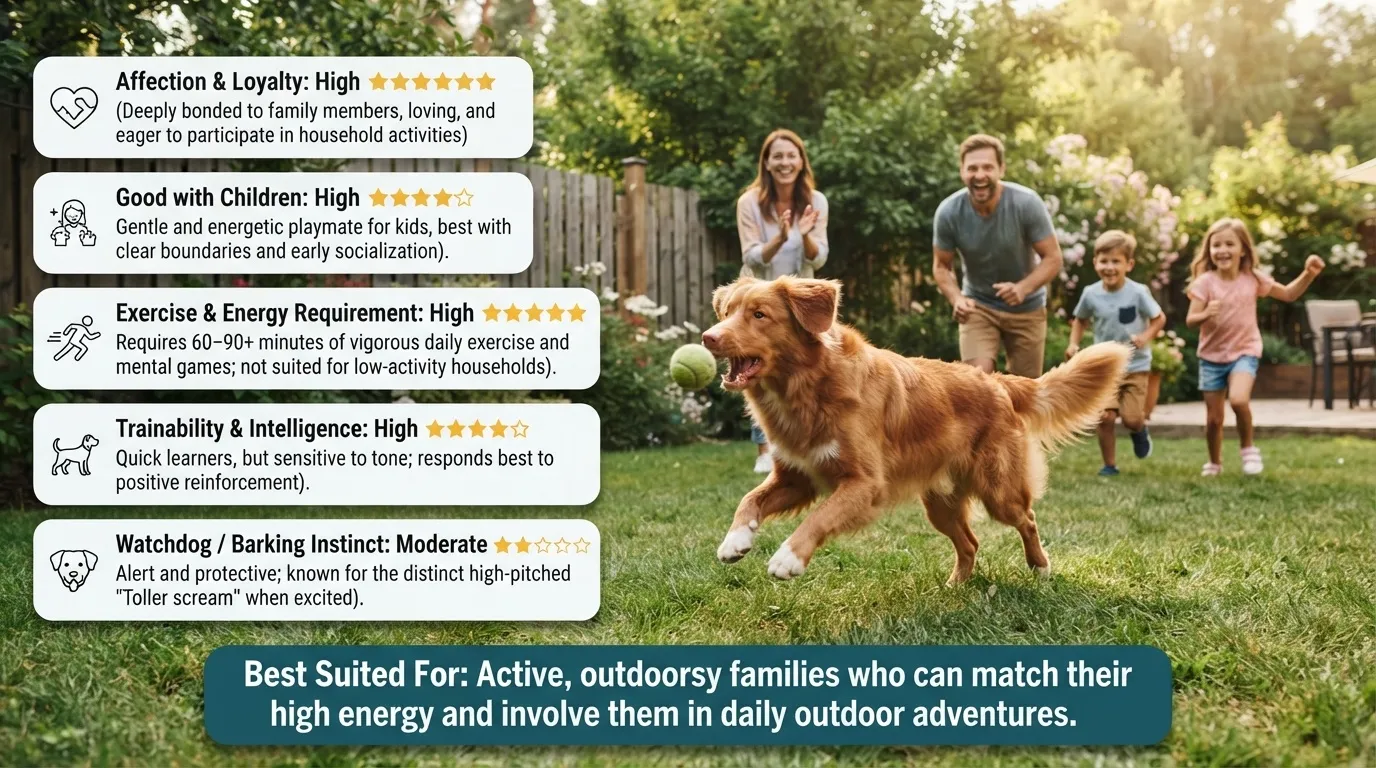 A Nova Scotia Duck Tolling Retriever running in a green Toronto backyard with an active family, accompanied by an infographic of Toller breed traits.