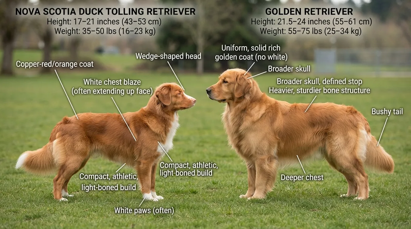 A detailed side-by-side physical comparison infographic of a Nova Scotia Duck Tolling Retriever and a Golden Retriever standing on a green grass field.