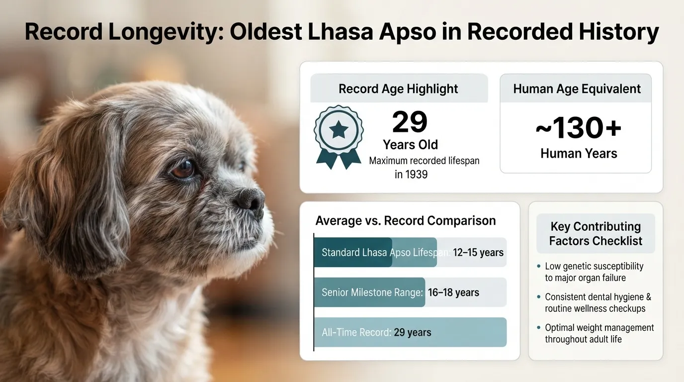 An infographic by Dog Ages Calculator showing the oldest Lhasa Apso on record at 29 years old, which is approximately 130 plus in human years, along with average lifespan comparisons.