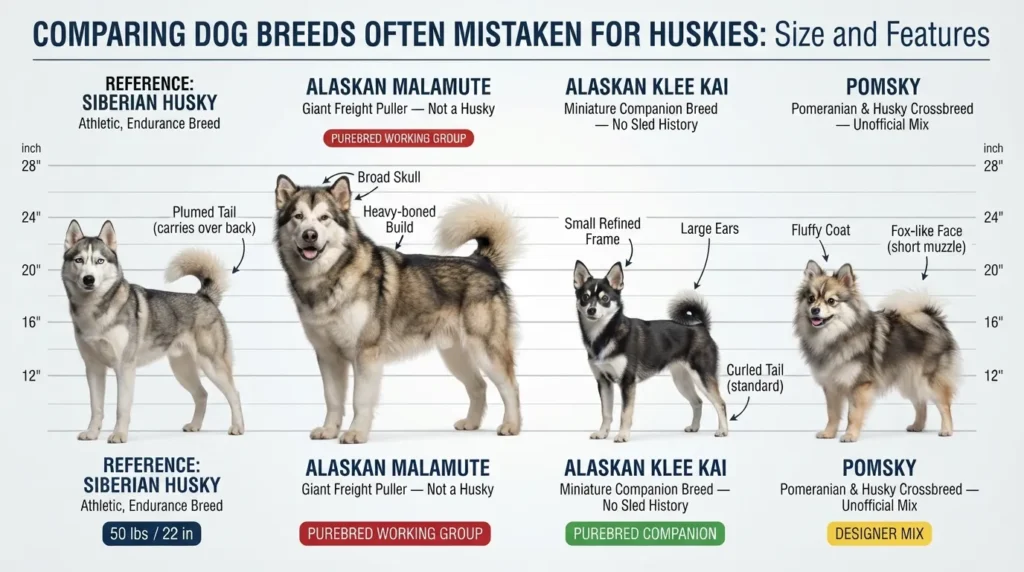 Side-by-side comparison diagram showing an Alaskan Malamute, Alaskan Klee Kai, and Pomsky next to a Siberian Husky to highlight physical differences.