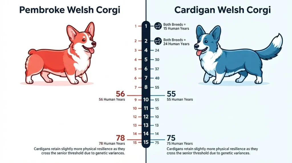 A detailed side-by-side infographic comparing the aging rate of Pembroke Welsh Corgis and Cardigan Welsh Corgis from years 1 to 15 in human years.