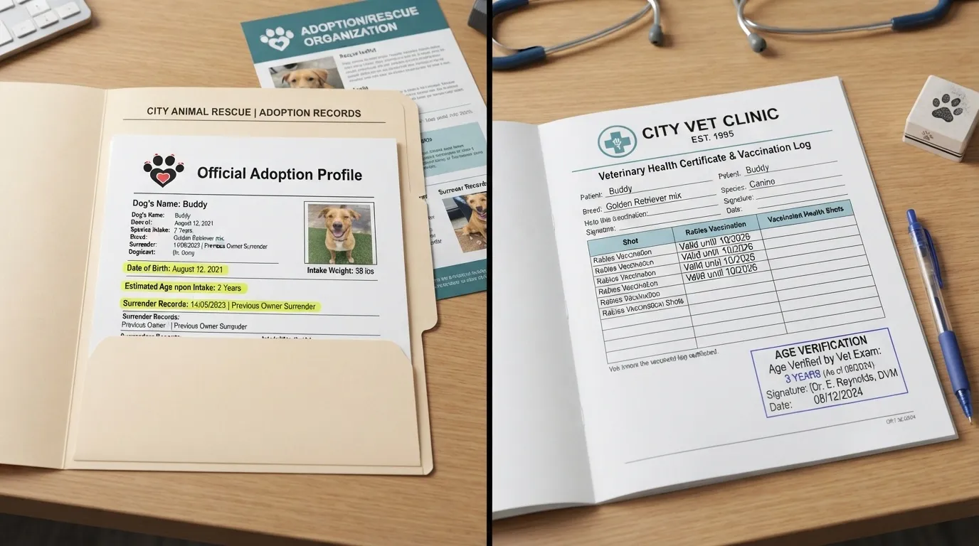 A close-up of a pet adoption folder featuring a dog's profile next to an open veterinary health certificate and vaccination log with an age verification stamp.
