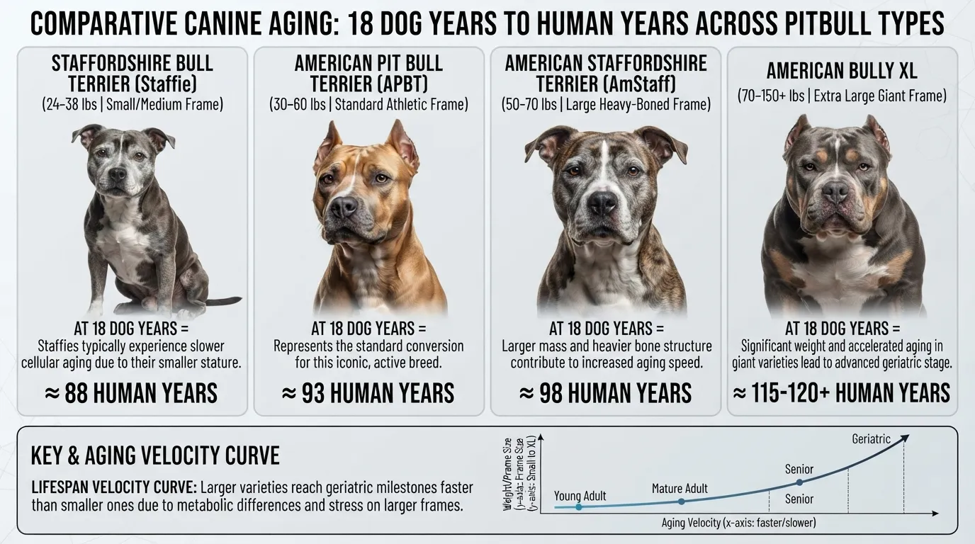 Infographic comparing 18 dog years to human years for four Pitbull types—American Bully, APBT, Staffordshire Bull Terrier, and American Staffordshire—showing age translation by body size.