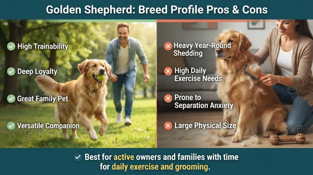 Infographic listing the key pros and cons of owning a German Shepherd Golden Retriever mix, including loyalty, shedding, and exercise needs.
