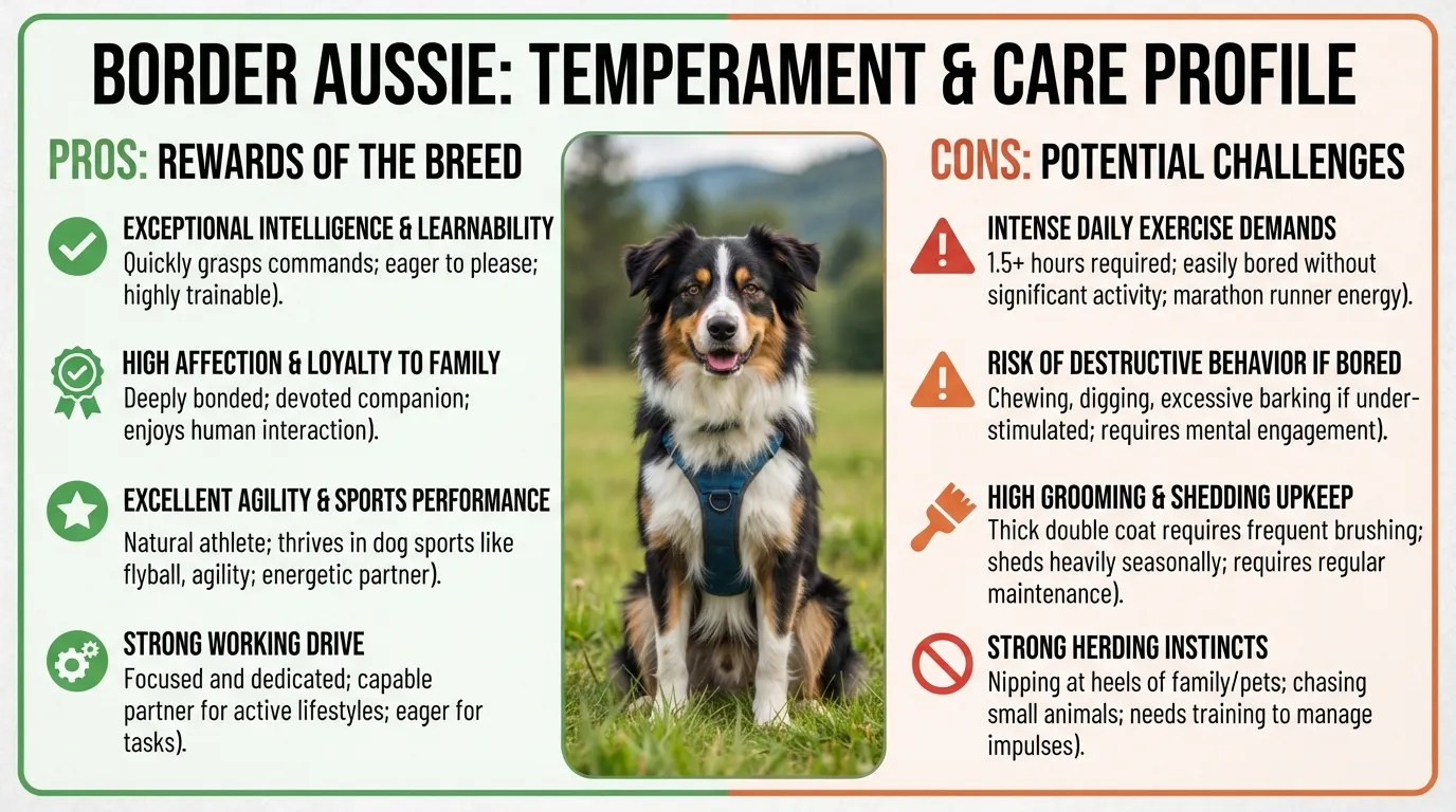 Infographic showing the main pros and cons of owning a Border Collie Australian Shepherd mix (Border Aussie), highlighting intelligence and loyalty versus high energy and grooming needs.