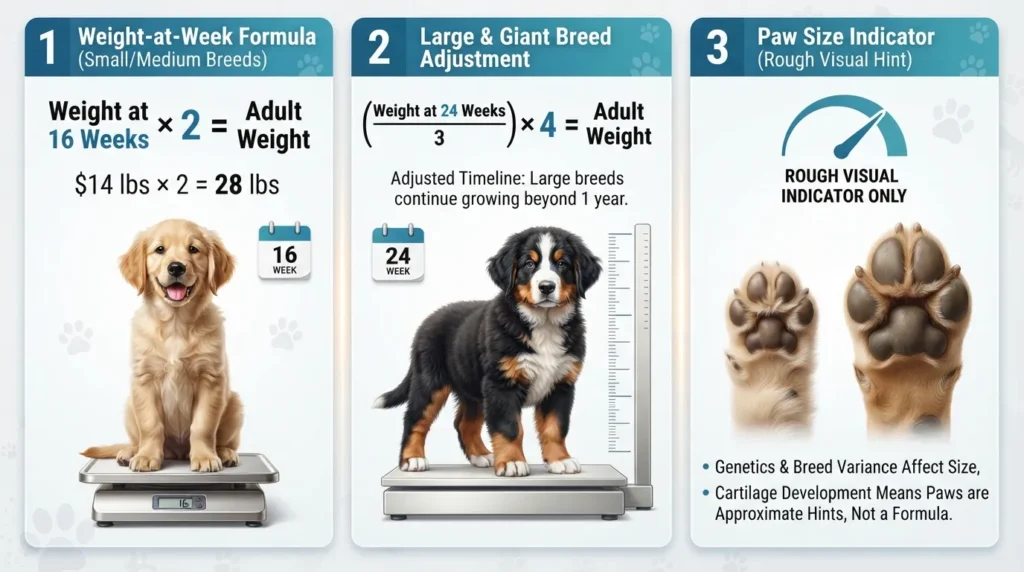 Infographic illustrating three puppy size prediction methods: weight formulas for small and large breeds, plus paw size comparison.