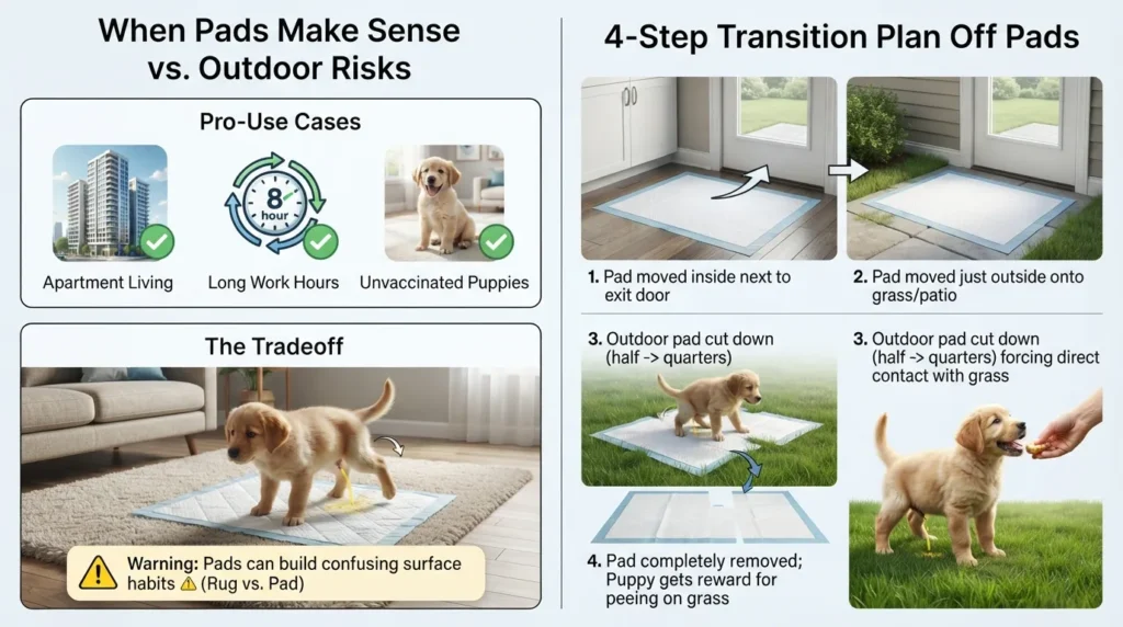 A step-by-step visual diagram comparing when to use indoor puppy pads and how to gradually transition a puppy to peeing outdoors.