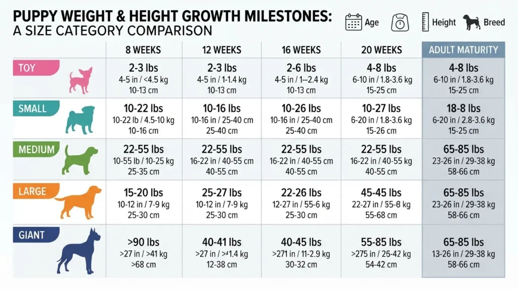Comprehensive puppy weight chart by age reference table showing weight and height milestones for toy, small, medium, large, and giant dog breeds from 8 weeks to adulthood.