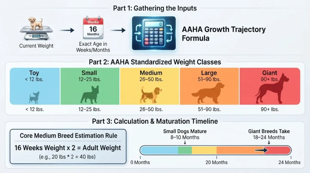 Infographic chart estimating puppy adult weight and height based on age and breed size categories from toy to giant
