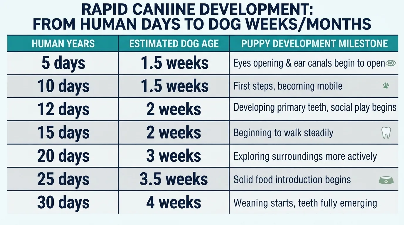 An infographic titled 'Rapid Canine Development' showing puppy milestones, mapping human days (5 to 30 days) to estimated dog ages in weeks.