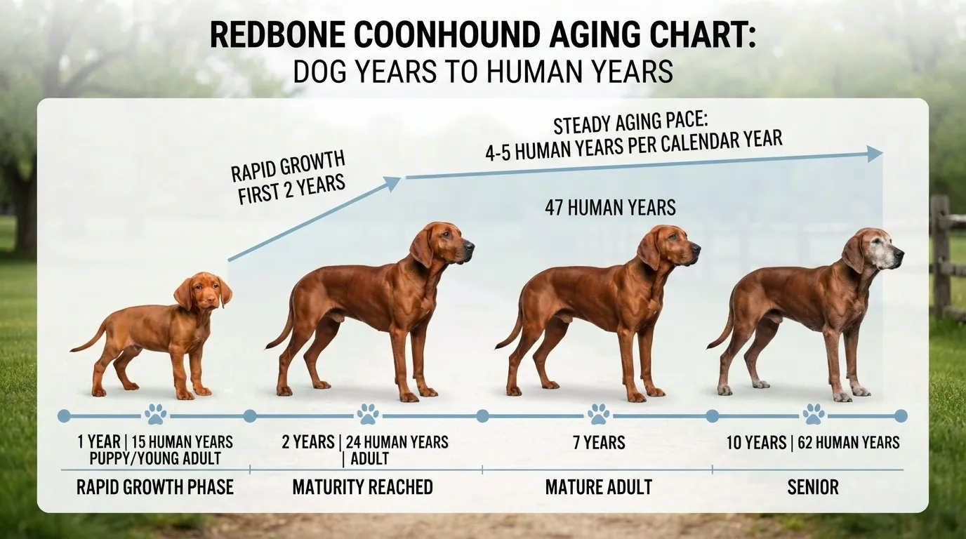 An infographic chart detailing the life stages of a Redbone Coonhound, converting dog years to human years at 1 year, 2 years, 7 years, and 10 years.