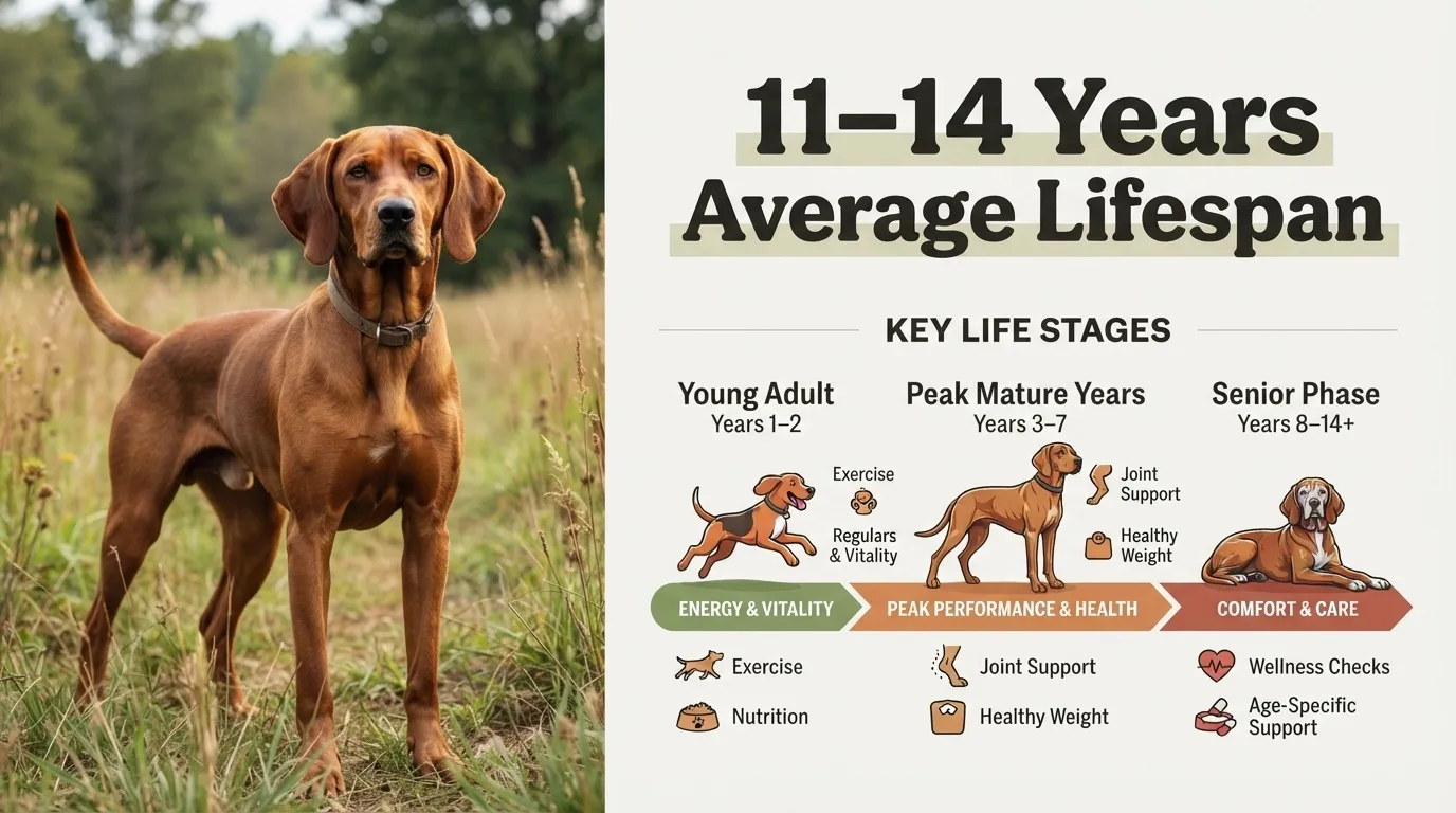 An educational infographic showing the average 11-14 years lifespan of a Rhodesian Ridgeback dog, detailing three main life stages: Young Adult, Peak Mature Years, and Senior Phase, paired with a photo of a loyal brown Ridgeback standing in a field.