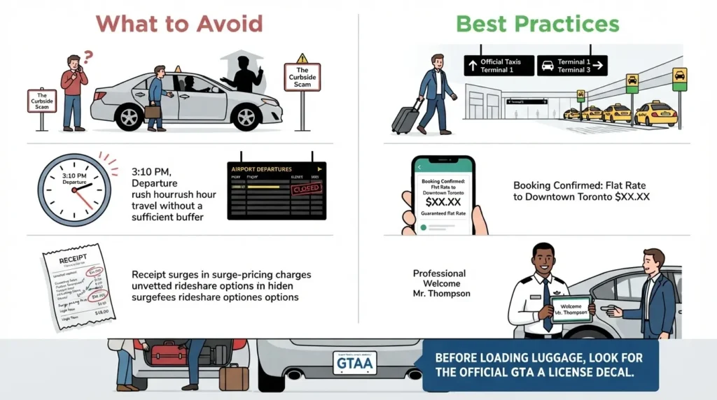 An infographic comparing ground transportation safety habits, highlighting 'What to Avoid' like curbside scams and surge pricing, versus 'Best Practices' like using official airport taxis, booking flat rates, and verifying official GTAA decals.