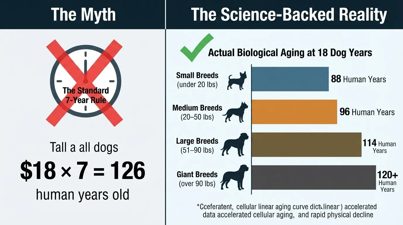 An infographic comparing the outdated 7-year dog age myth with science-backed biological aging for an 18-year-old dog across different breed sizes.
