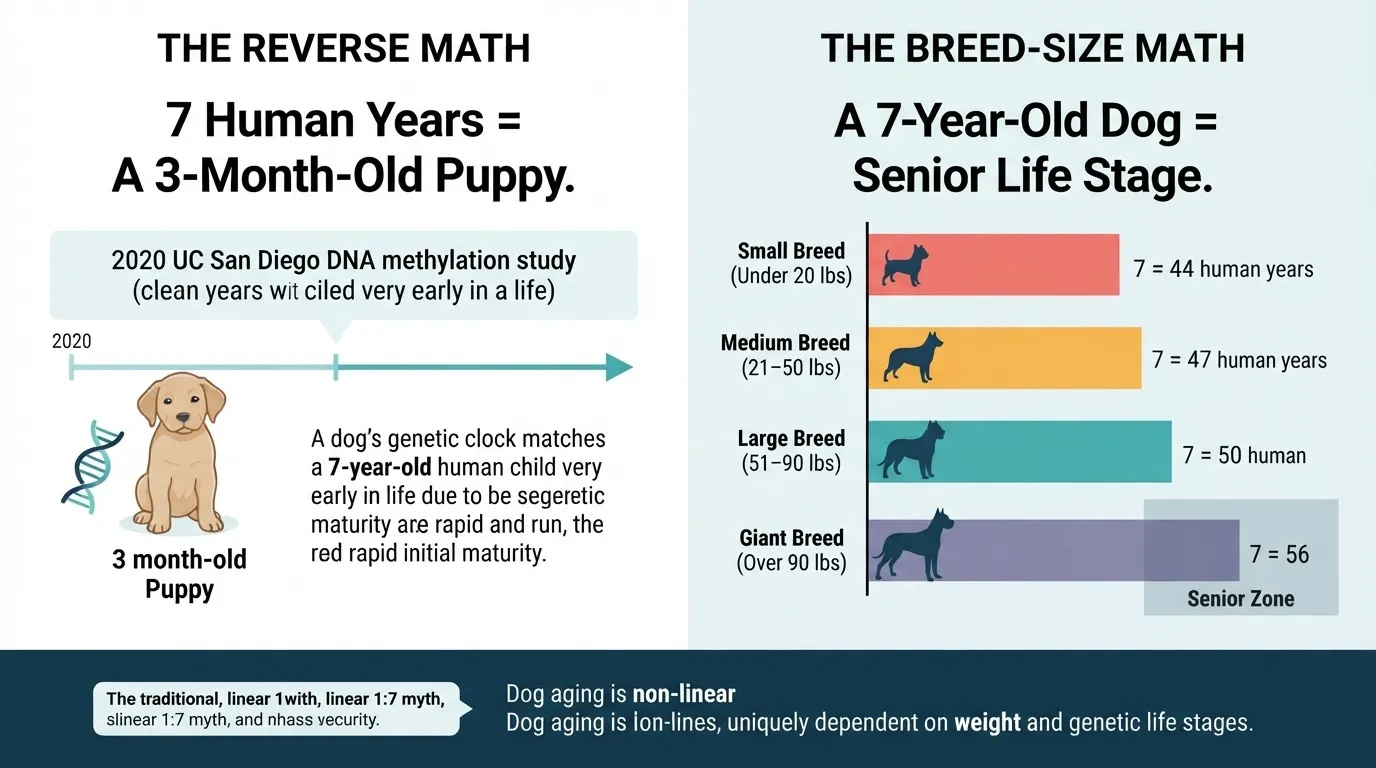 An infographic explaining dog age calculation using modern genetic and breed-size math, illustrating that canine aging is non-linear and depends heavily on weight.