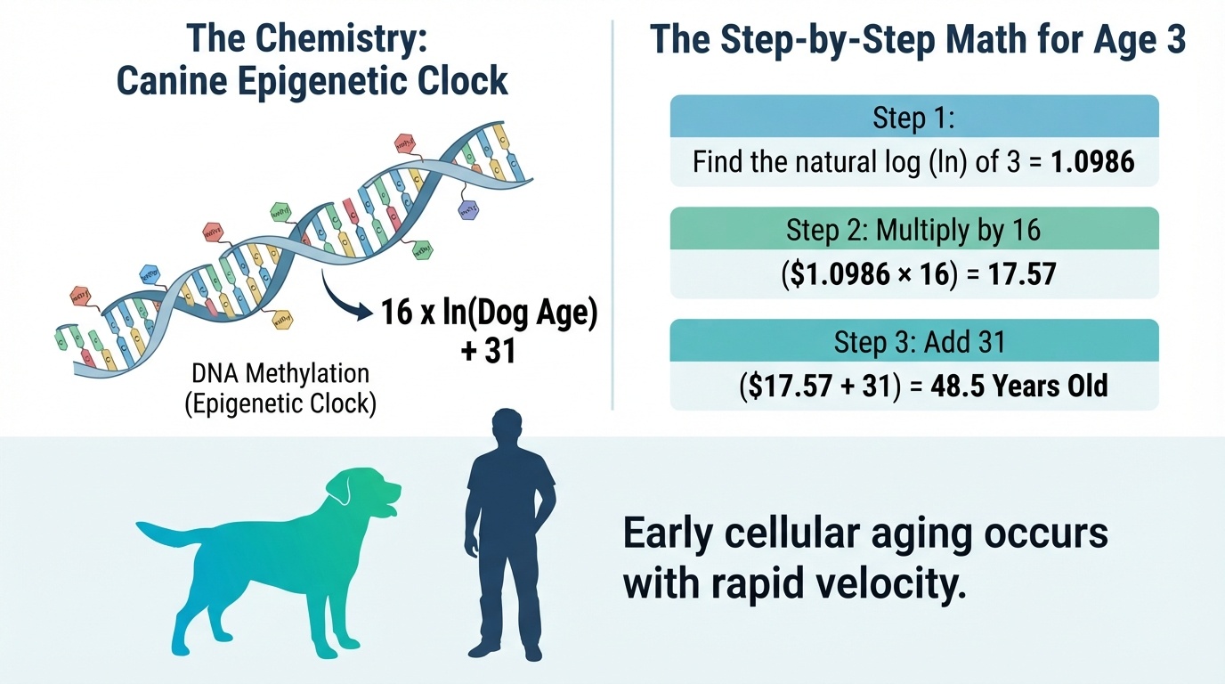 An educational infographic by dogagescalculatoR detailing the canine epigenetic clock math formula, showing how a 3-year-old dog is biologically 48.5 human years old using DNA methylation tracking.