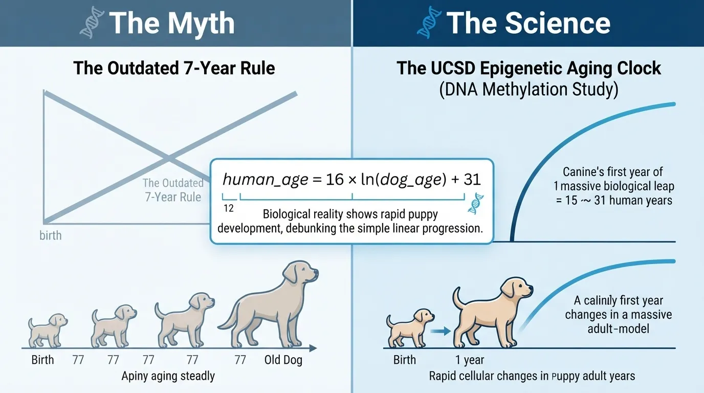 An informational graphic comparing the outdated 7-year dog age myth with the scientific UCSD Epigenetic Aging Clock formula: human_age = 16 x ln(dog_age) + 31.