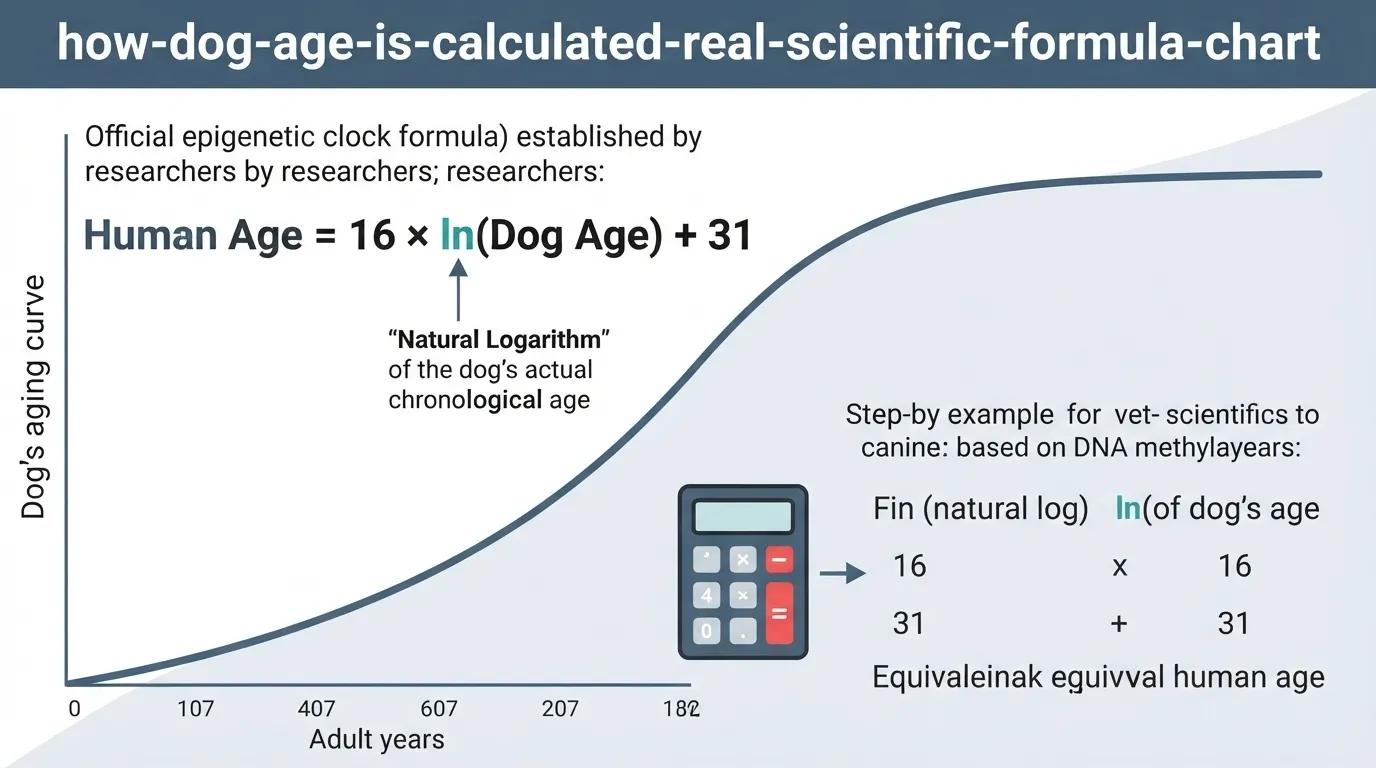 An infographic detailing the scientific epigenetic clock formula for calculating dog age: Human Age equals 16 times the natural logarithm of dog age plus 31, accompanied by a logarithmic aging curve.