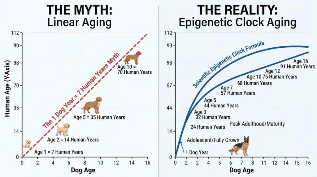 An infographic comparing the linear 1-to-7 dog age myth against the scientific Epigenetic Clock Aging curve, showing dogs aging rapidly in early years and slowing down later.