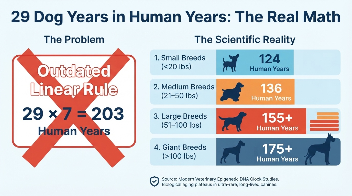 An infographic comparing the outdated linear 'multiply by 7' rule (29 x 7 = 203 human years) with the scientific reality across small, medium, large, and giant breeds, showing human age equivalents ranging from 124 to 175+ years based on genetic DNA clocks.