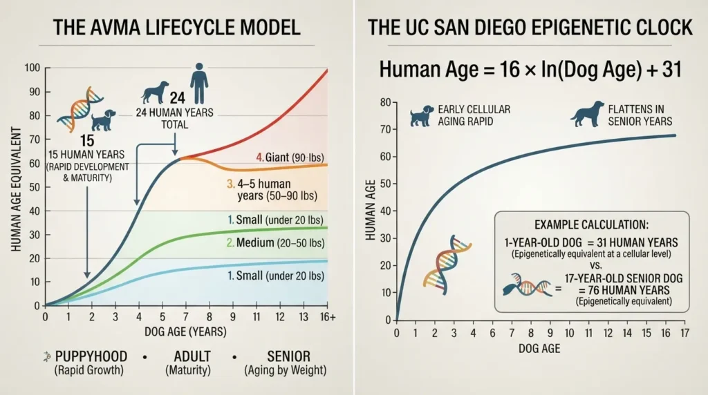 Infographic chart comparing dog years to human years using AVMA lifecycle stages and the UC San Diego DNA methylation scientific formula for small, medium, large, and giant breeds.