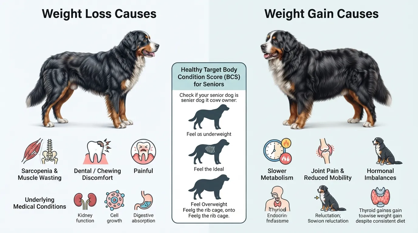 Infographic showing key causes of weight shifts in senior Bernese Mountain Dogs, including muscle loss, arthritis, and thyroid changes.