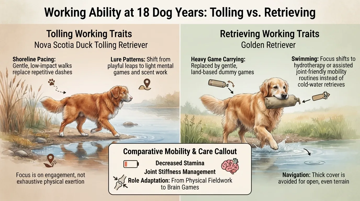 An infographic detailing the working traits of Nova Scotia Duck Tolling Retrievers and Golden Retrievers at 18 dog years, contrasting physical demands with gentle mobility alternatives.