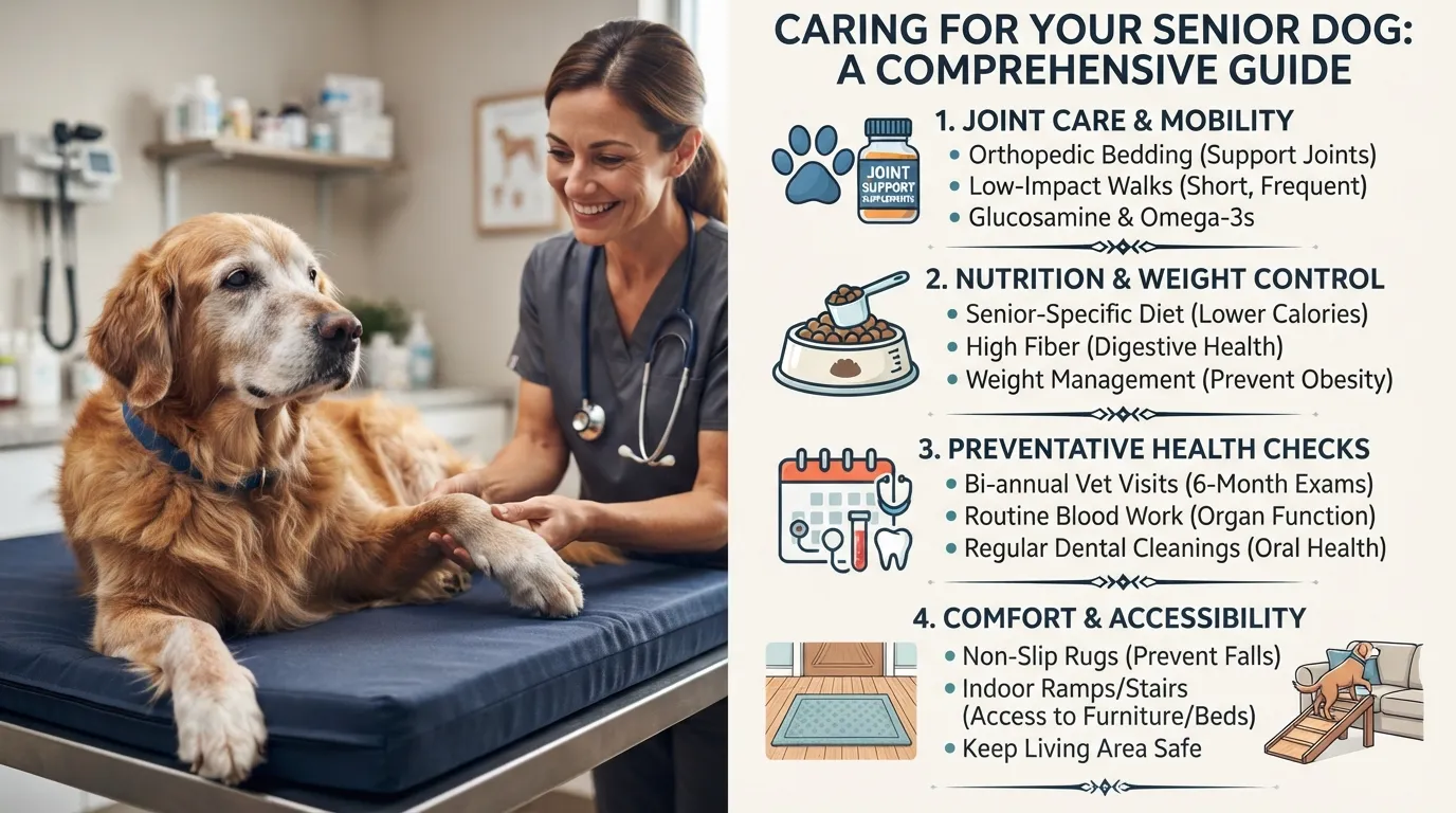 A veterinary doctor performing a health check on an aging senior dog with graying snout hair, next to a infographic checklist detailing joint mobility, dental care, and nutrition for older dogs.