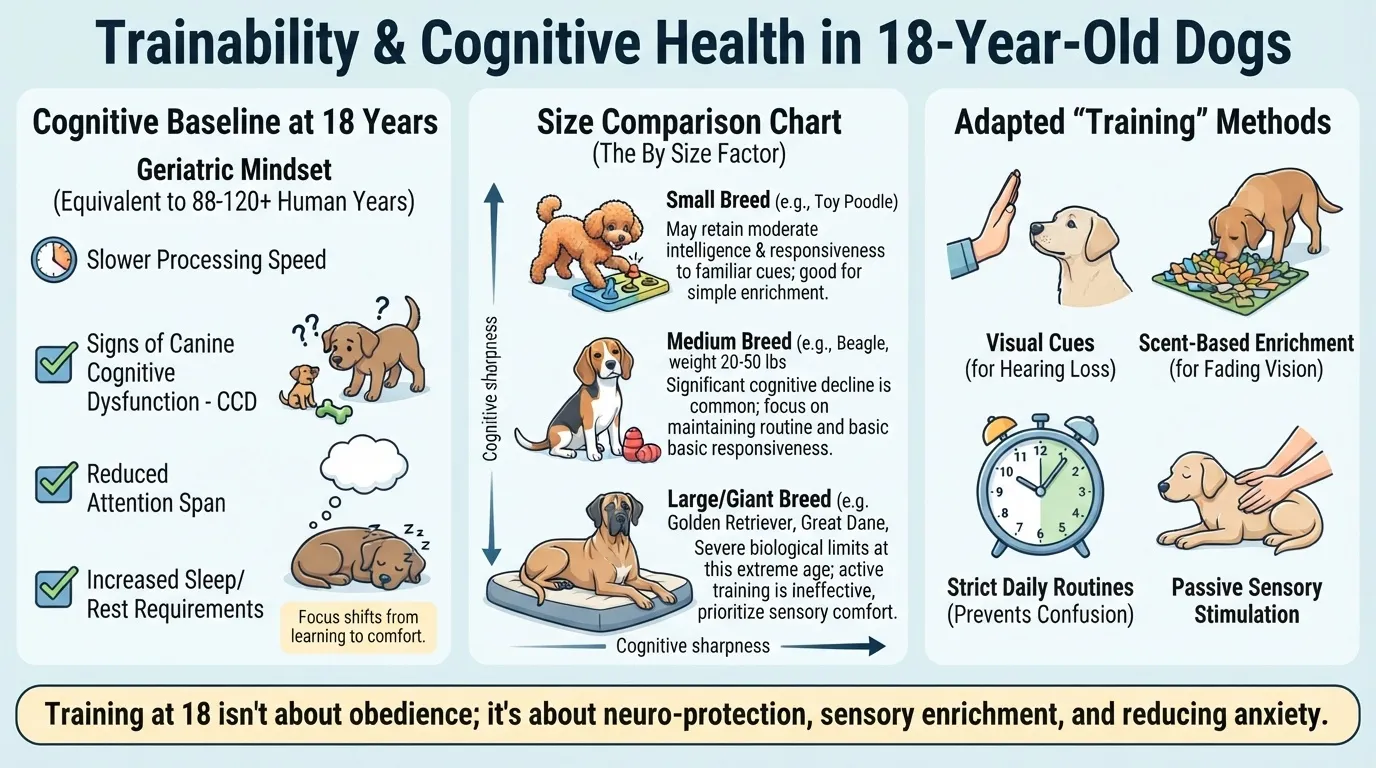 An informative infographic titled 'Trainability & Cognitive Health in 18-Year-Old Dogs' by Dog Ages Calculator, detailing geriatric baselines, breed size comparison, and adapted senior training techniques.