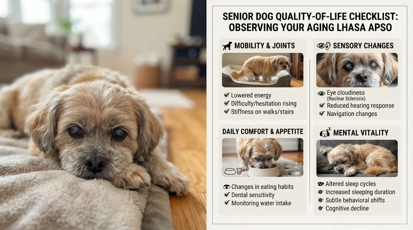 An infographic titled 'Senior Dog Quality-of-Life Checklist: Observing Your Aging Lhasa Apso' featuring a senior Lhasa Apso dog lying on a cozy blanket next to checklists for mobility, sensory changes, daily comfort, and mental vitality.