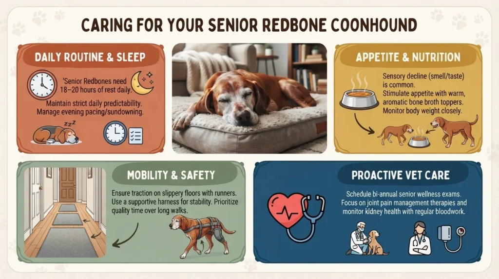 An infographic titled 'Caring for Your Senior Redbone Coonhound' by Dog Ages Calculator, detailing daily routines, appetite support, mobility safety, and proactive vet care tips next to a sleeping senior hound.