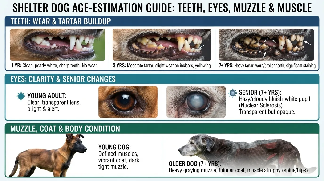 An educational infographic titled 'Shelter Dog Age-Estimation Guide: Teeth, Eyes, Muzzle & Muscle' comparing physical age indicators in dogs at 1 year, 3 years, and 7+ years.