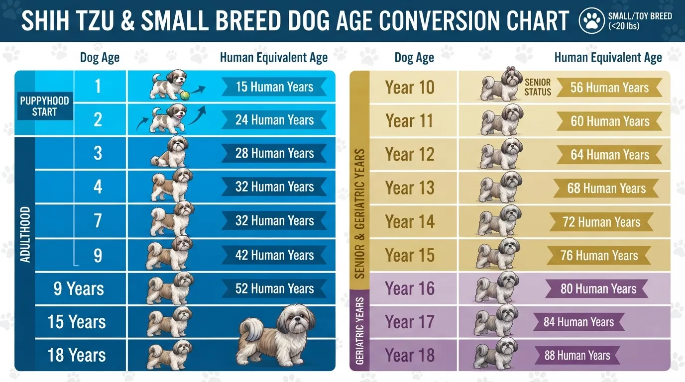Comprehensive Shih Tzu and small breed dog age chart converting 1 to 18 dog years into equivalent human years.
