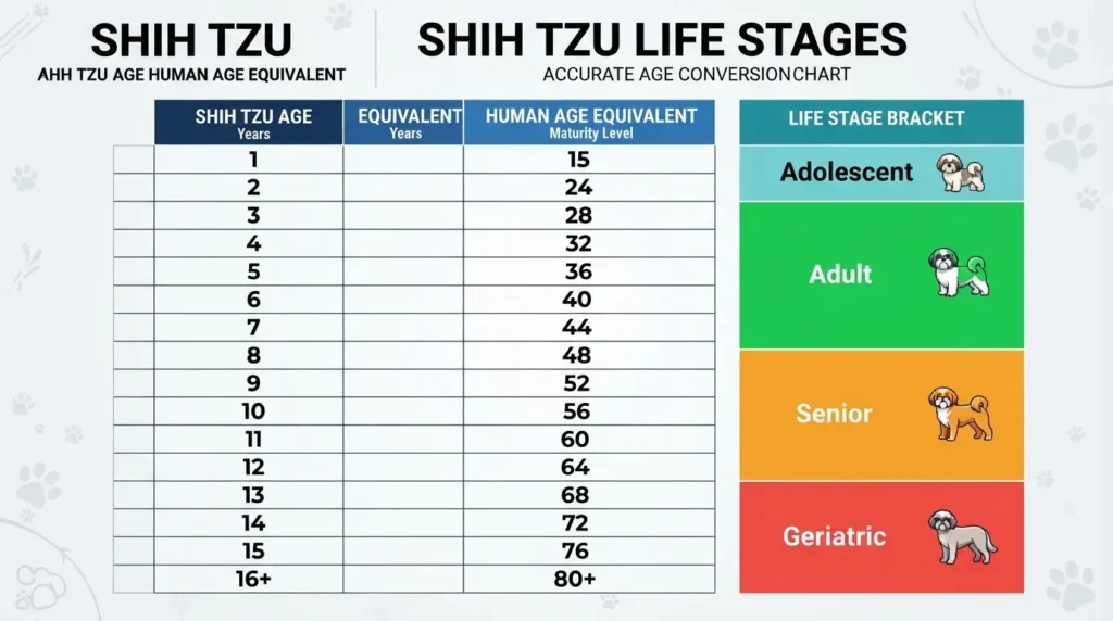 A Shih Tzu life stages age conversion chart comparing dog years (1 to 16+) to human age equivalents (15 to 80+), divided into Adolescent, Adult, Senior, and Geriatric brackets.